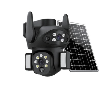 Dual-lens solar camera with printed code QX07, brochure card p04-r3