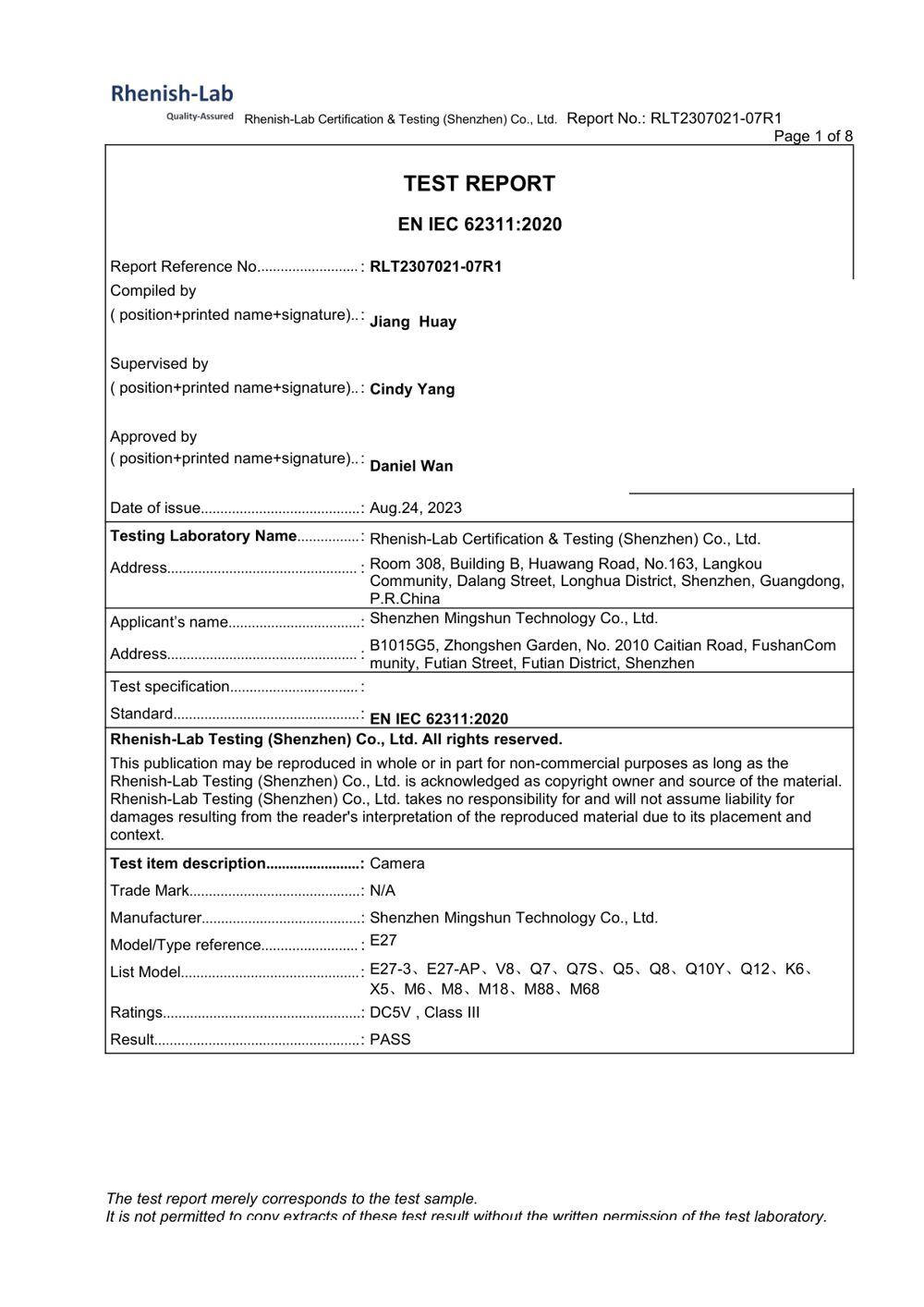Test report: emf RLT2307021-07R1 issued by Rhenish-Lab Certification & Testing (Shenzhen) Co., Ltd., covering E27, E27-3, E27-AP, V8, Q7, Q7S, Q5, Q8, Q10Y, Q12, K6, X5, M6, M8, M18, M88, M68